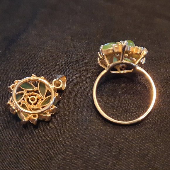 Vintage jade + rhinestone ring and pendant - Picture 2 of 4